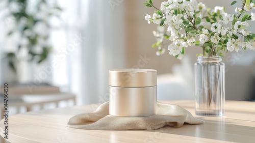 Wallpaper Mural Elegant Cream Jar Mockup with Flowers and Fabric cream jar cosmetic product beauty product skincare Torontodigital.ca