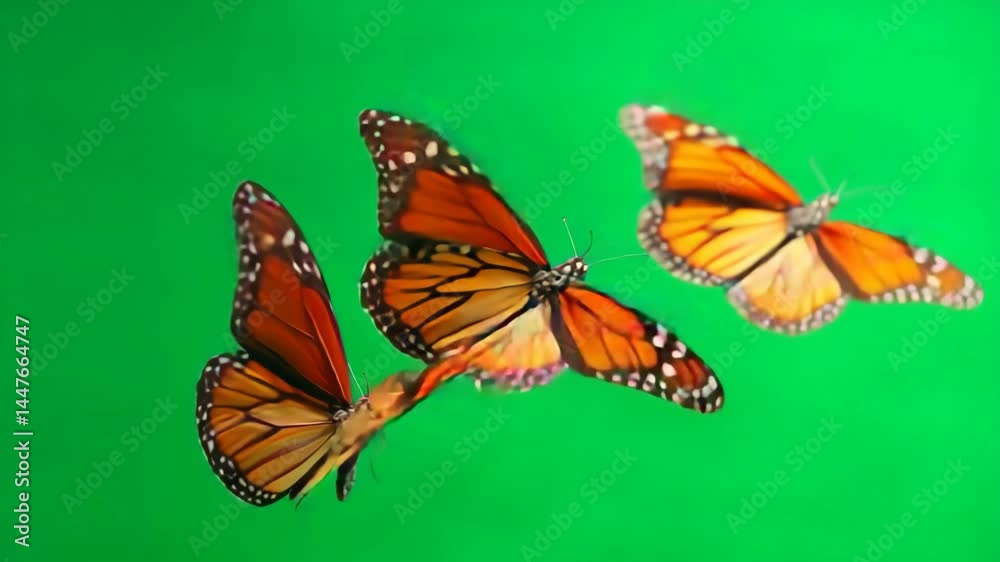 Monarch butterflies gracefully flying across chromakey green screen background for compositing use