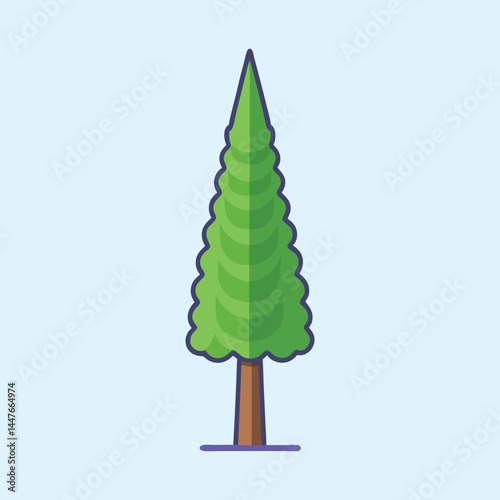 Stylized Green Conical Tree with Brown Trunk on Light Blue Background