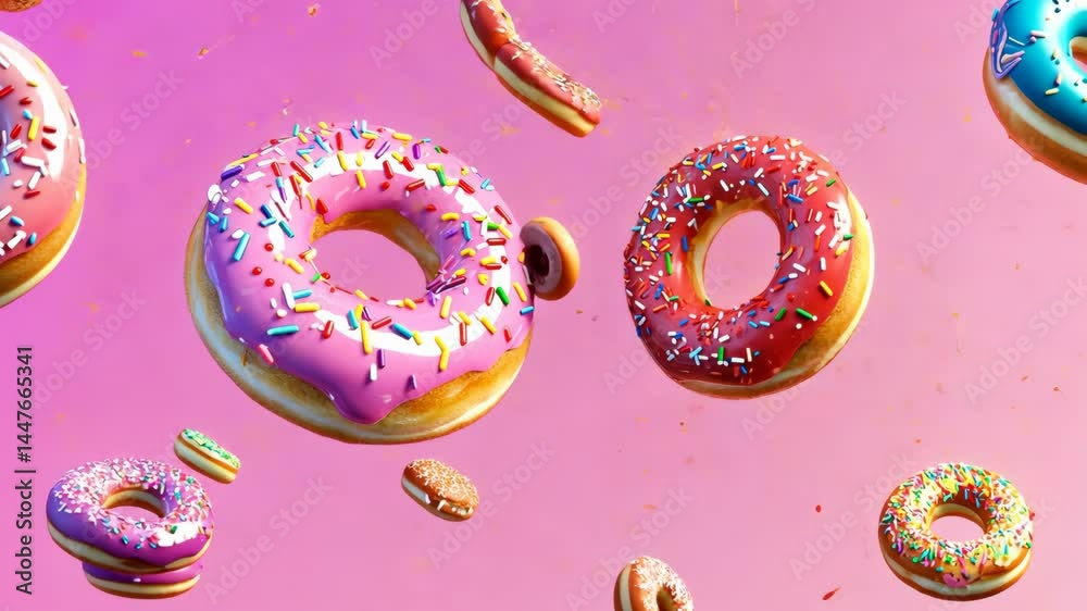 Colorful donuts flying against pink background with sprinkles falling everywhere