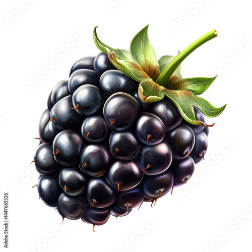 Ripe blackberry showing small hairs and green leaves on transparent background