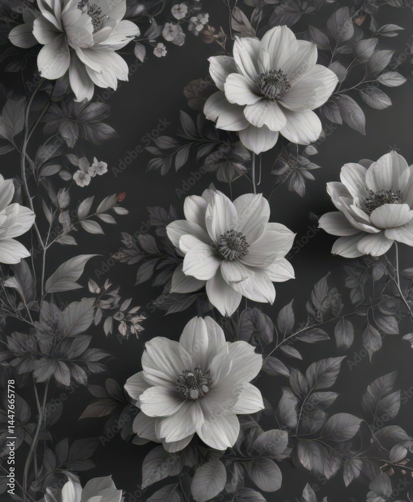 Fototapeta premium Subtle charcoal floral wallpaper, delicate blooms & leaves , background, design, plant