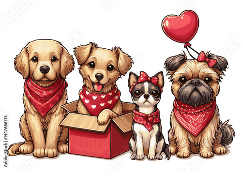 A greeting card featuring cute cartoon-style dogs on an isolated white background. Vector graphics. EPS.
