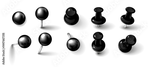Realistic 3D Push Pins and Round Thumbtacks. Black Plastic Pins with Shadows Isolated on Transparent Background