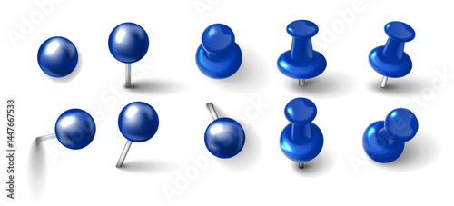 Realistic 3D Push Pins and Round Thumbtacks. Blue Plastic Pins with Shadows Isolated on Transparent Background