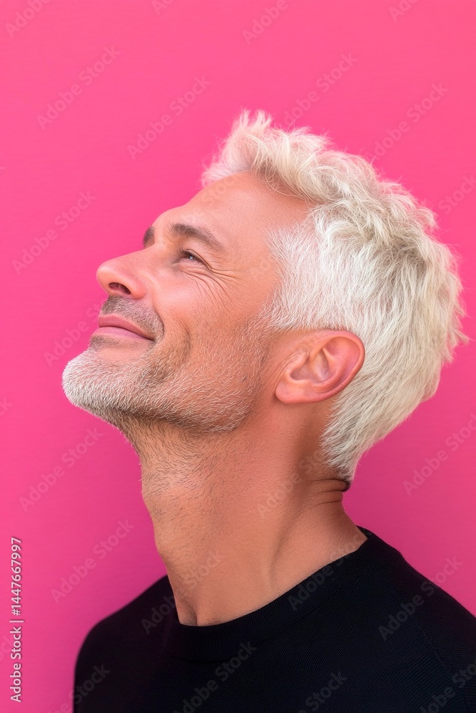 Pink solid background. Conceptual art of style for aging men. Chic men's short caesar haircut - midlife white man with blond hair. A relaxed man looking serene in his portrait.