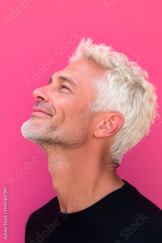 Pink solid background. Conceptual art of style for aging men. Chic men's short caesar haircut - midlife white man with blond hair. A relaxed man looking serene in his portrait.