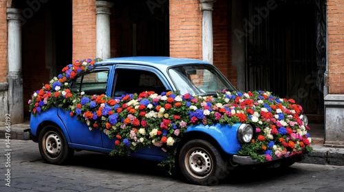 Obraz na płótnie A vibrant blue car, adorned with a profusion of colorful flowers, creating a striking visual spectacle. w salonie