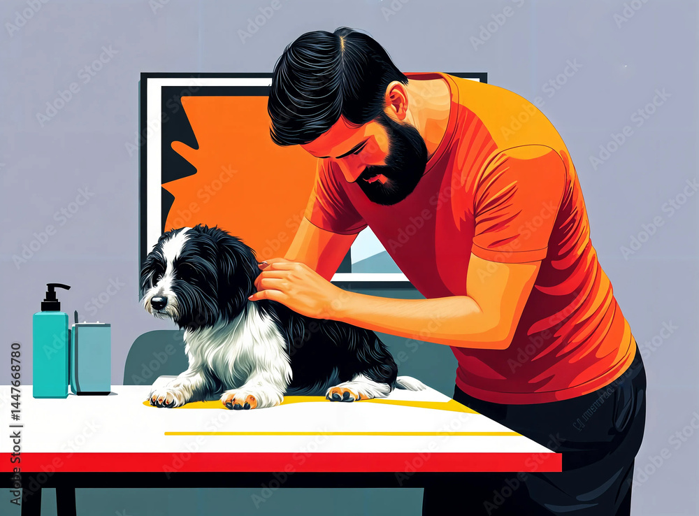 A man gently tends to a small dog, likely at a grooming salon.