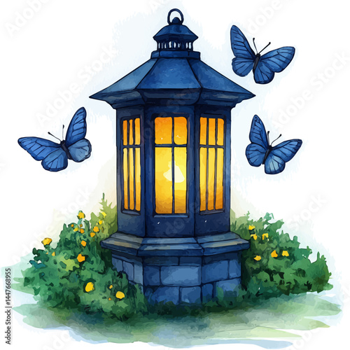 watercolor of Lantern Surrounded By Moths, vector, isolated on a white background.