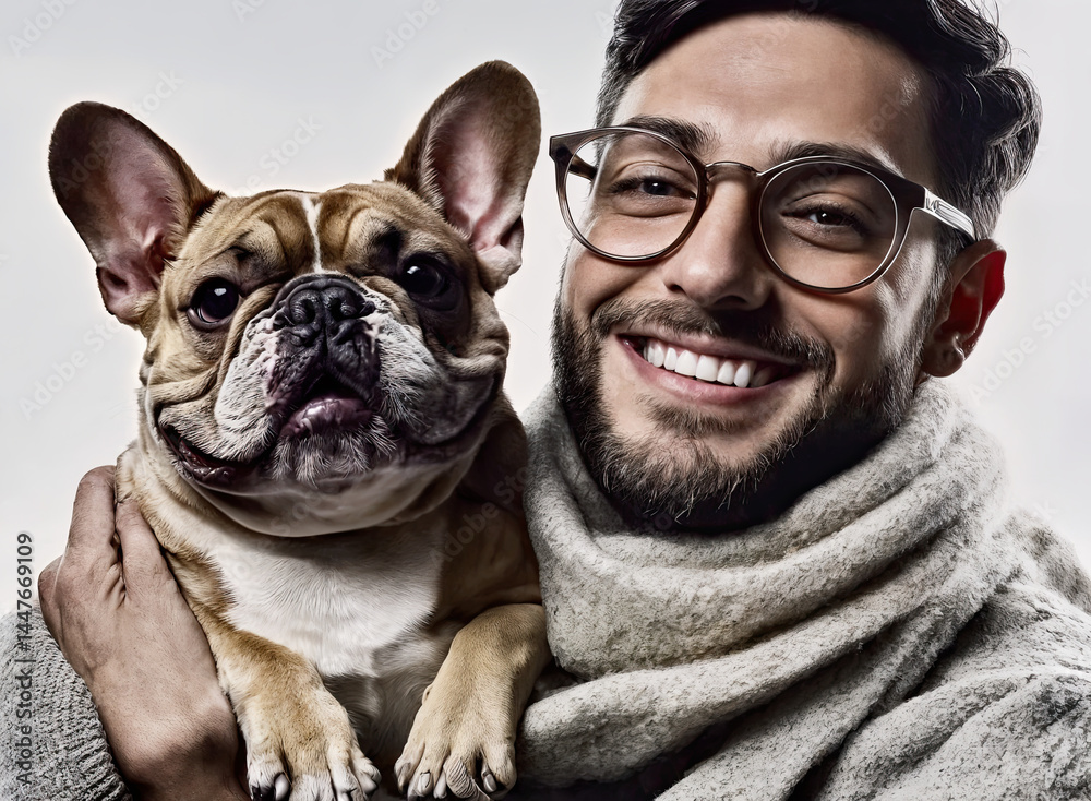 Close-up of a man holding a happy French Bulldog.
