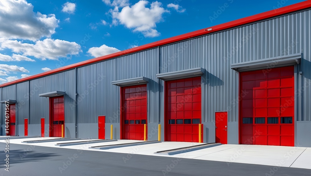 Obraz premium Modern warehouse with red doors and blue sky