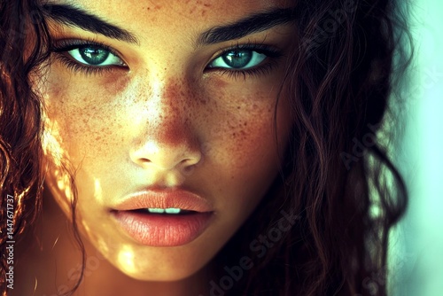 Obraz na płótnie Commercial digital ads creative creative design. Attractive calm mixed-race girl - for ads, magazine ad and internet marketing use. Long coiffure - highlighted hair. African elegance styles. w salonie