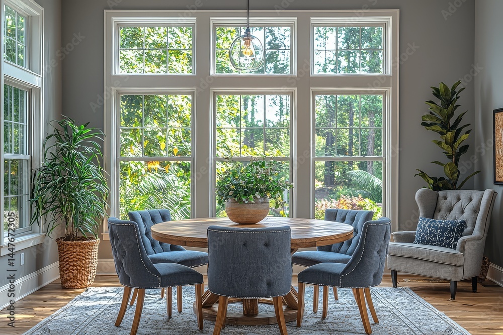 Fototapeta premium Cozy dining room with large windows, round wooden table, and gray chairs in a modern farmhouse-style home, featuring natural lighting and greenery outside.