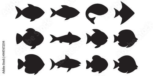  black fish silhouettes featuring various aquatic species in bold, clean, and minimal vector shapes