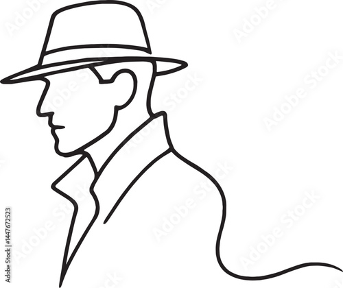 Minimalist one-line drawing of a mysterious man in a hat and trench coat, evoking noir detective vibes