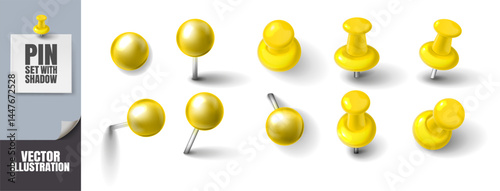 Realistic 3D Push Pins and Round Thumbtacks. Yellow Plastic Pins with Shadows Isolated on Transparent Background