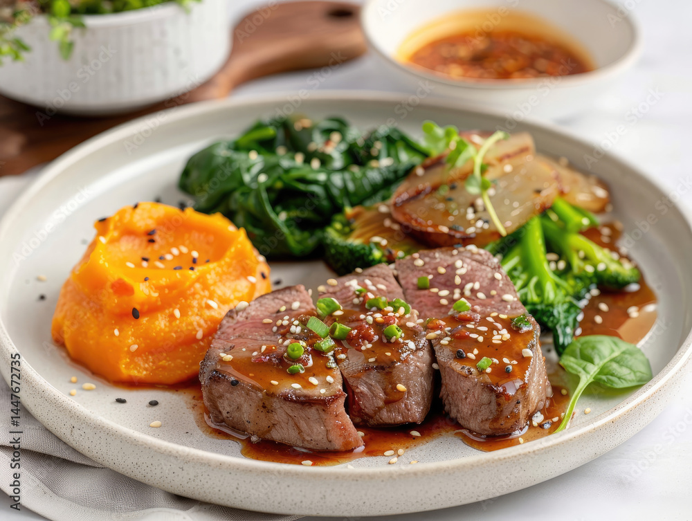 Sliced steak with sweet potato mash, spinach, and sauteed vegetables Sliced steak with sweet potato mash, spinach, and sauteed vegetables