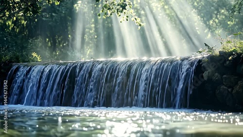 Sunlight shining on waterfall in the forest