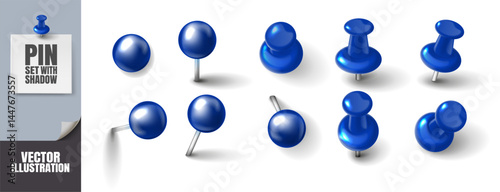 Realistic 3D Push Pins and Round Thumbtacks. Blue Plastic Pins with Shadows Isolated on Transparent Background