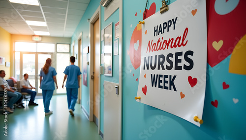 Nurses celebrating National Nurses Week in a hospital hallway  