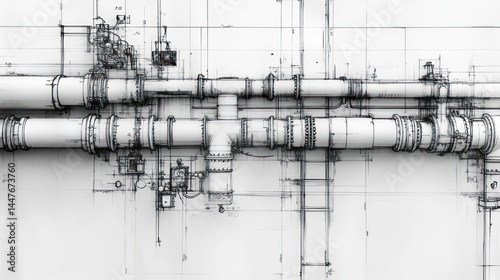 intricate technical drawing depicting industrial piping systems and mechanical components with meticulous details, showcasing complex engineering designs and infrastructure layouts