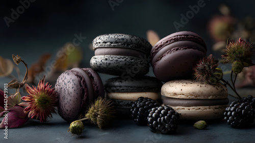 Minimalist dessert plating with macaron, lighting enhancing its charm