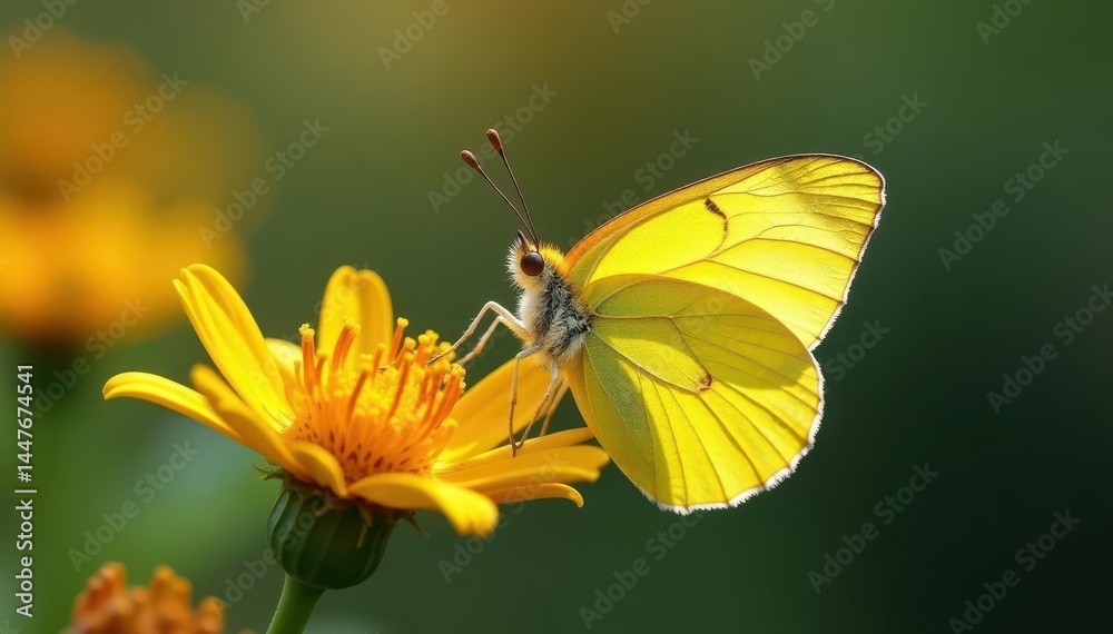 Fototapeta premium Apricot Sulphur butterfly perched on flower, wings spread , yellow, insect, Phoebis philea