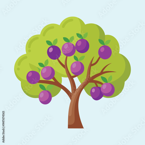 Cartoon Plum Tree with Plums Ready to Harvest on a Light Blue Background