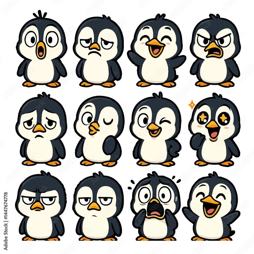 Fototapeta premium Emotions penguin icon set cartoon vector vector set collection cartoon animals illustrations on white background cartoon collection penguin collection of 12 cartoon animals