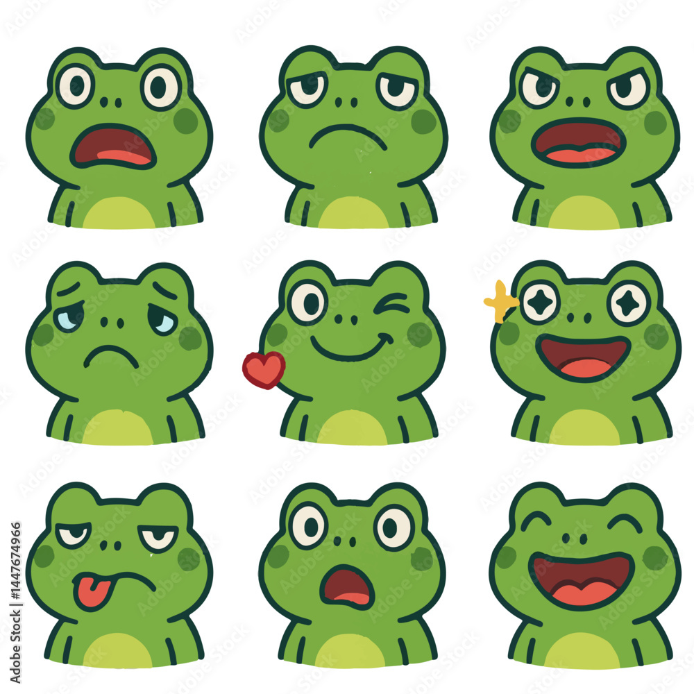 Obraz premium Emotions frog icon set cartoon vector vector set collection cartoon animals illustrations on white background cartoon collection frog collection of 9 cartoon animals