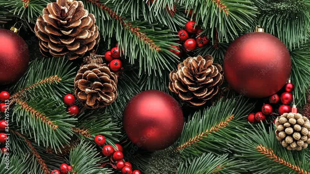 Festive pine garland with red ornaments and pinecones closeup transition Festive pine garland with red ornaments and pinecones closeup transition