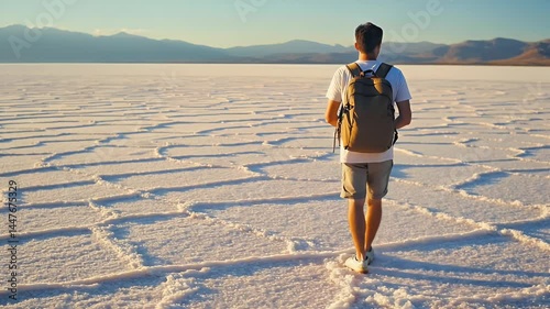 Male traveler walking across salt flat