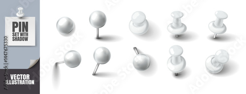 Realistic 3D Push Pins and Round Thumbtacks. White Plastic Pins with Shadows Isolated on Transparent Background