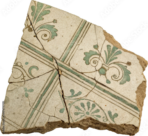 Wallpaper Mural An old ceramic tile fragment with vintage ornamental patterns, detailed cracks and chipped edges, in muted faded colors, with a light sepia and greenish tint Torontodigital.ca