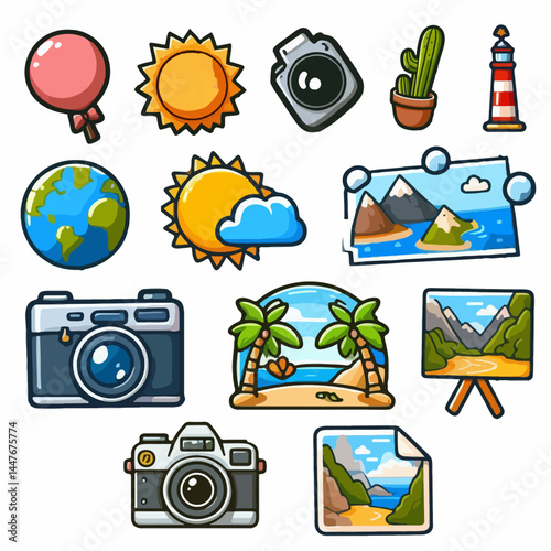 Travel cartoon style icon collection vector
Vector set of travel icons with camera, paintings, lighthouse, beach, sun
