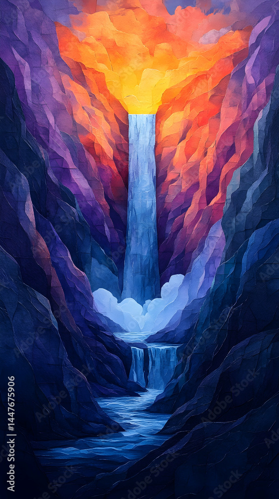 Fototapeta premium A majestic waterfall cascades down a cliff face nestled within a deep gorge Warm sunset hues illuminate the upper can