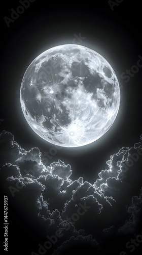 A luminous full moon dominates a dark night sky partially obscured by dramatic textured clouds The moons surface is