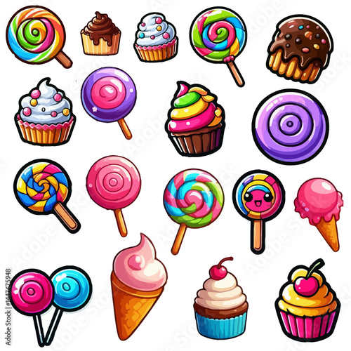 Sweets lollipops icons collection in cartoon style vector
Vector set of lollipops icons, ice cream, cake, sweets on white background