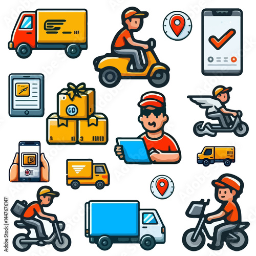 Courier collection in cartoon style
Vector set of icons in cartoon style moped, delivery