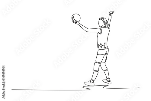 Single continuous line drawing woman volleyball player serving ball while competition on indoor court arena. Team sport member on hobby or recreation. One line draw graphic design vector illustration