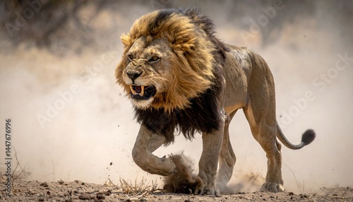 Un león feroz, con su melena ondeando dramáticamente, carga con paso poderoso. Sus fauces están abiertas de par en par, revelando afilados dientes