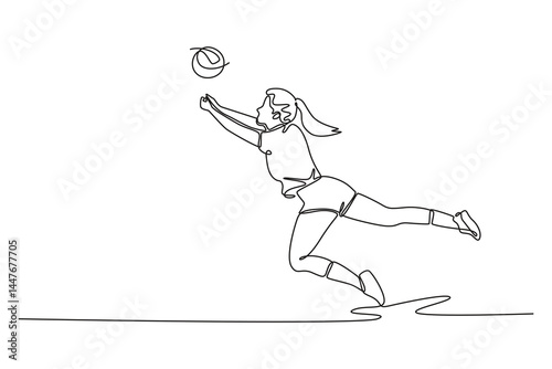 Single continuous line drawing beauty female volleyball player digging a ball on indoor court. Team sport member participating in national competition. One line draw graphic design vector illustration