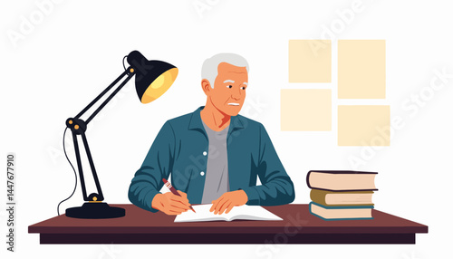 Senior man writing at desk with lamp, dedication to education