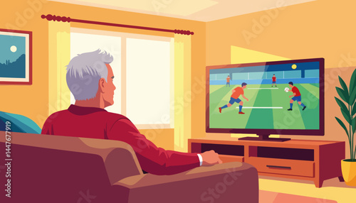Senior man enjoying soccer on TV in cozy living room, leisure