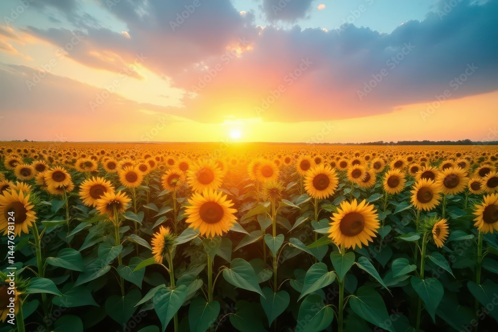 Fototapeta premium Tall corn and sunflowers bathed in sunset's glow, against a vast blue sky , light, background