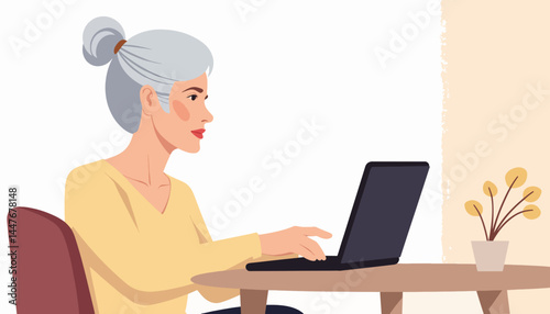 Senior woman using laptop at home, digital connection and engagement