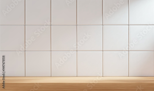3d kitchen or bathroom scene with wood table and white tile background. Realistic room with shelf for product display.