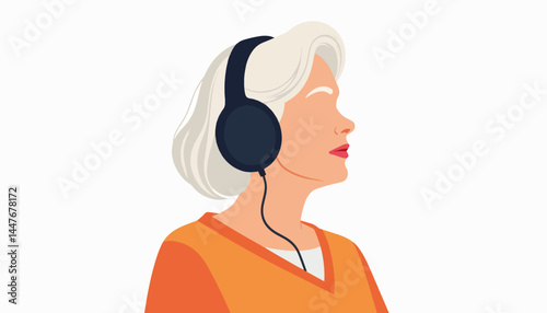 Senior woman enjoying music with headphones, minimalist design