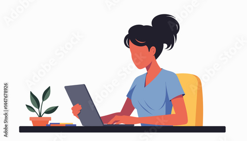 Focused woman working on digital device at minimalist workspace, productivity